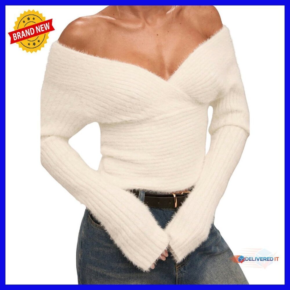 Off Shoulder Wrap Sweater Cozy Knit Pullover Winter Top